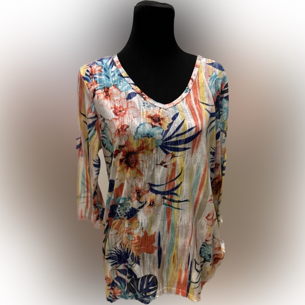 Onque Casual Women Size L Floral Basic Blouse Crew 3/4 Sleeve